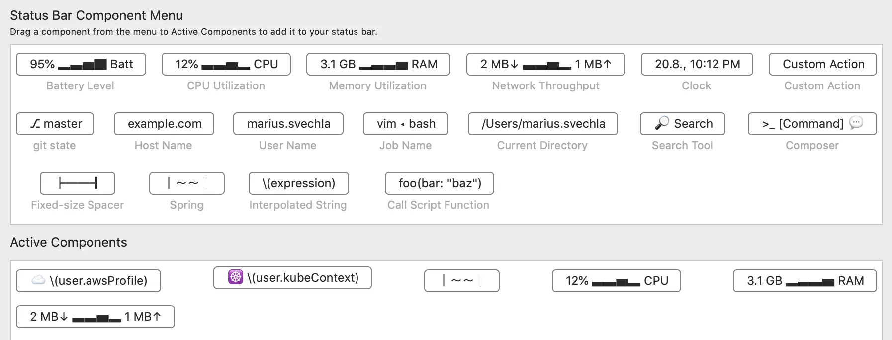 Status Bar Component Menu,